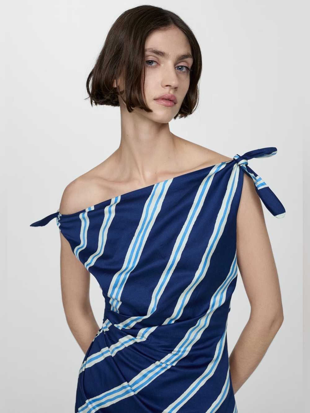 Mango One Shoulder Blue Striped dress with bare shoulders NWT - Picture 6 of 9